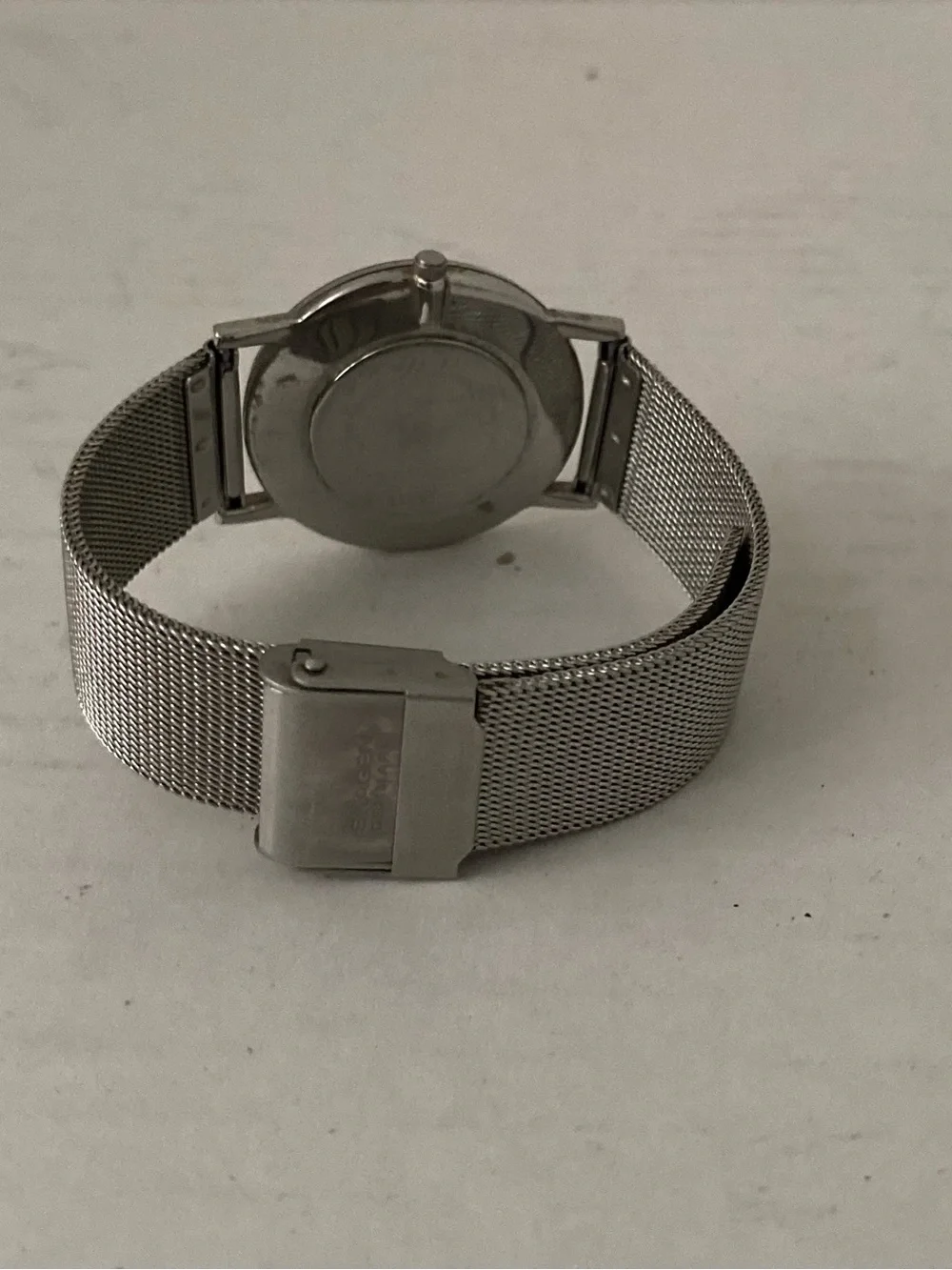 Skagen Modern Unisex Silver Mesh Watch with Black Dial.